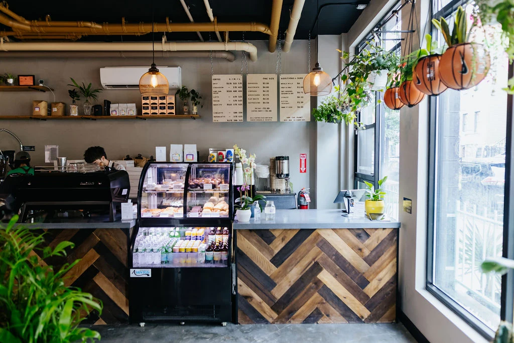 The Concrete Jungle's wood counter, sunlit windows and hanging basketball planters